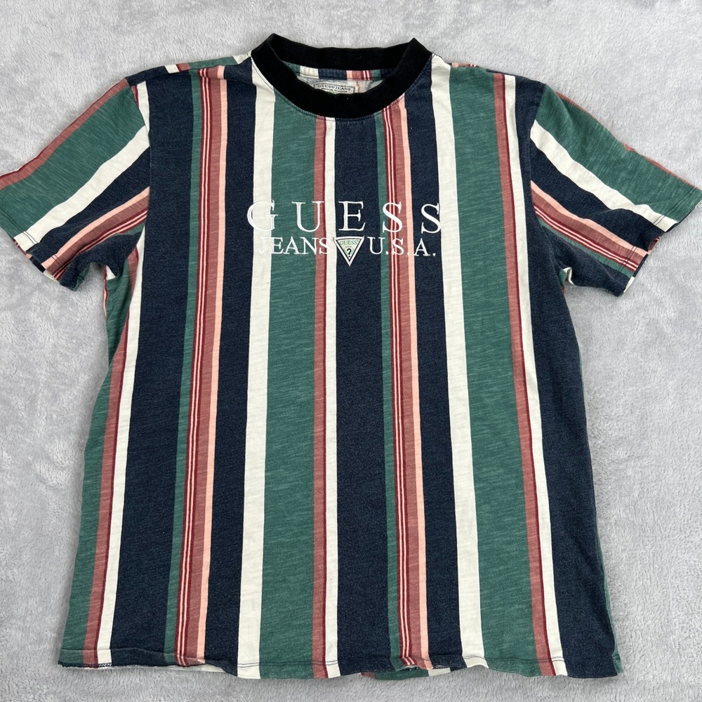 Guess Vertical Stripe Embroidered Logo T-Shirt M Multi Men Streetwear Retro - Picture 1 of 7